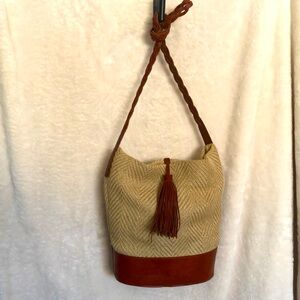 Lucky Brand Woven Natural Fiber Leather Bucket Bag crossbody